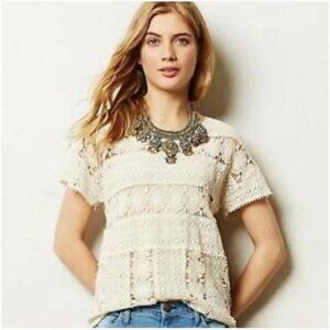 ANTHROPOLOGIE Lili's Closet Keren Crochet Lace Short Sleeve Top XS Boho Ivory